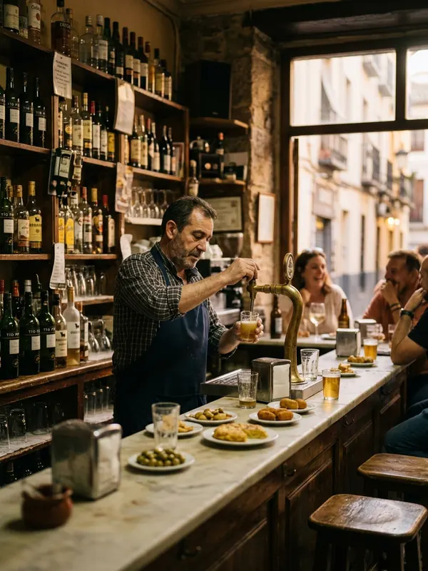 Bar de tapas con el camarero sirviendo detrás de la barra
