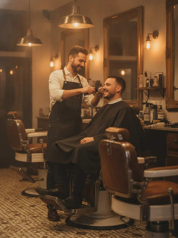 Barbería con sillón, espejo y herramientas de trabajo ordenadas
