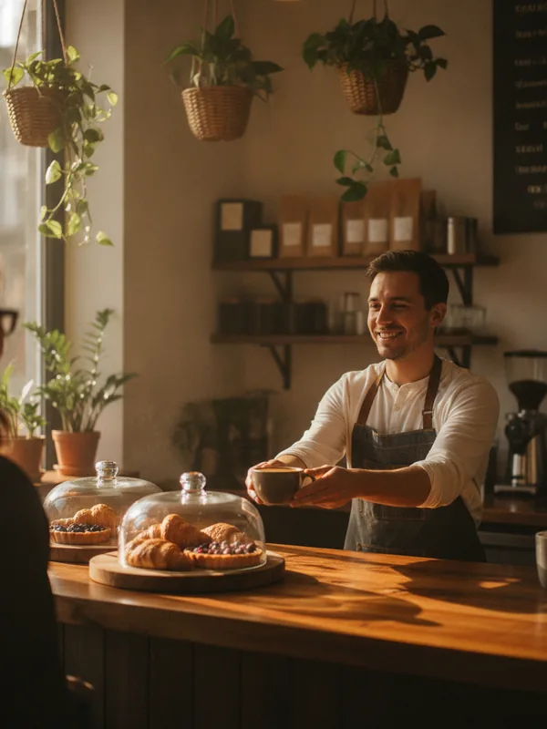Cafetería de barrio con la barra atendida y clientes en las mesas