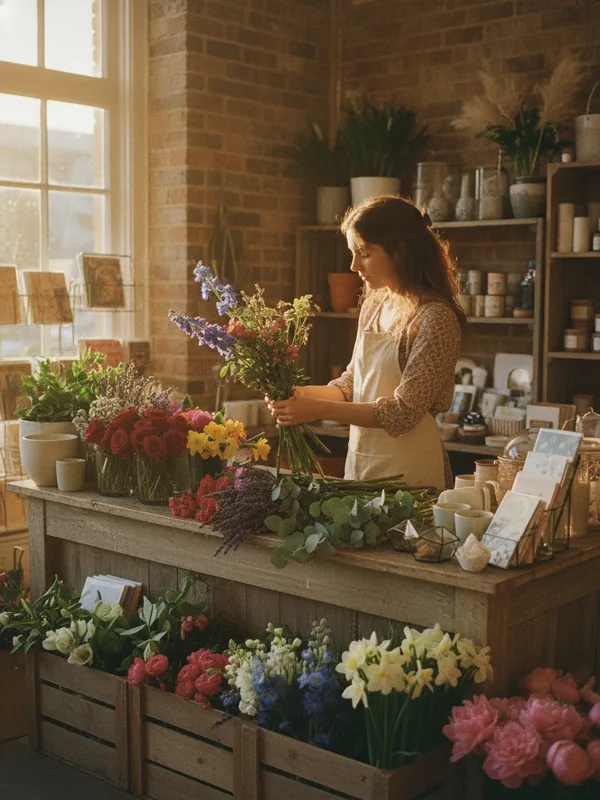 Floristería con arreglos de flores frescas expuestos en la entrada