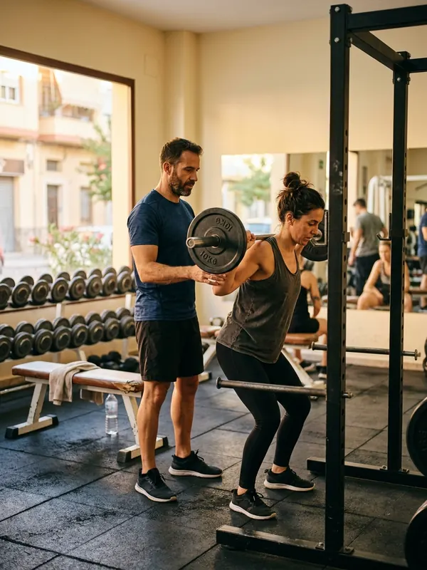 Gimnasio de barrio con el entrenador acompañando a una clienta con pesas