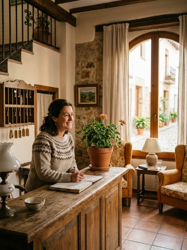 Recepción de un hotel pequeño con la recepcionista atendiendo el mostrador