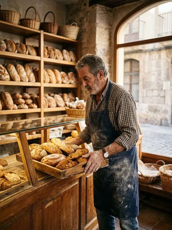 Panadería de barrio con pan recién horneado en el mostrador