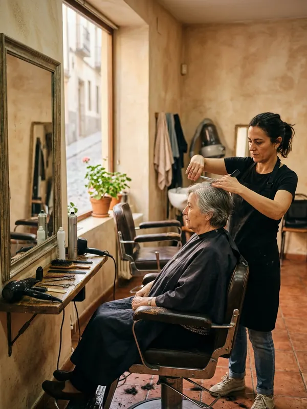 Peluquería de barrio con la estilista cortando el pelo frente al espejo