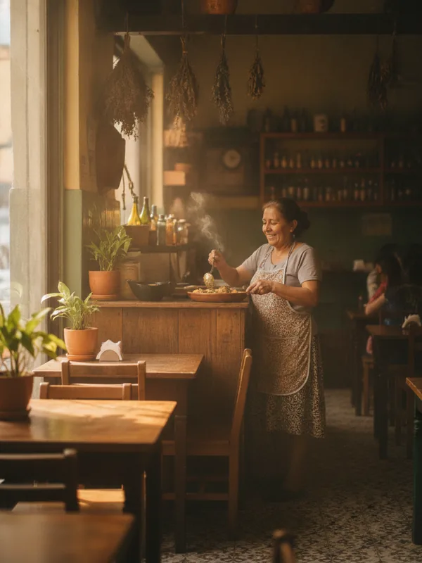 Restaurante local con mesas puestas y cocina en funcionamiento al fondo