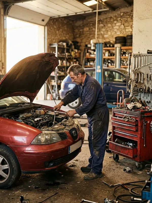 Taller mecánico independiente con el mecánico trabajando sobre un coche