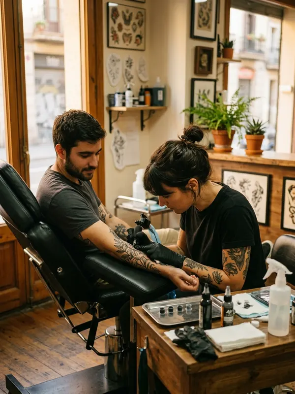 Estudio de tatuajes con el tatuador trabajando sobre el brazo de un cliente