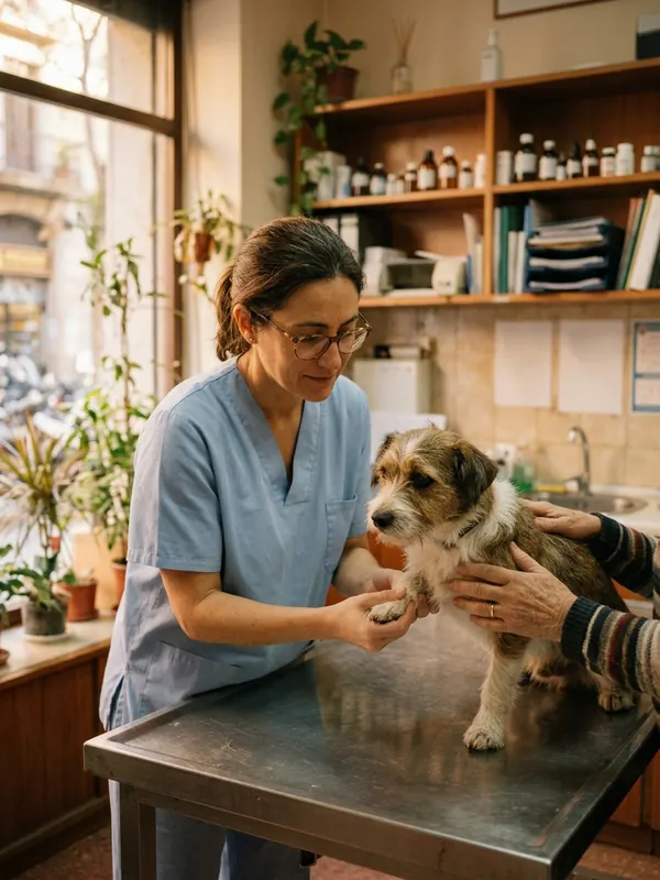 Veterinaria con la profesional revisando a un perro sobre la mesa de consulta