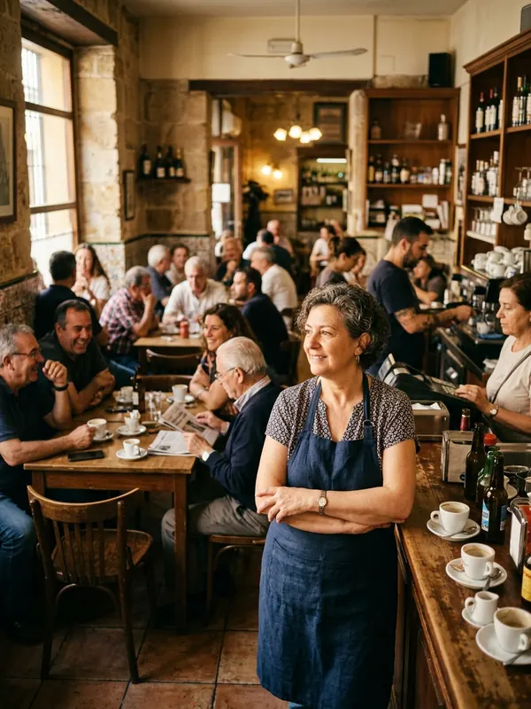 La dueña de una cafetería tras la barra, con los brazos relajados, mirando el local lleno de clientes